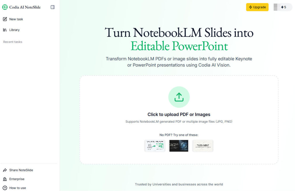 Codia AI NoteSlideにログインしたところ